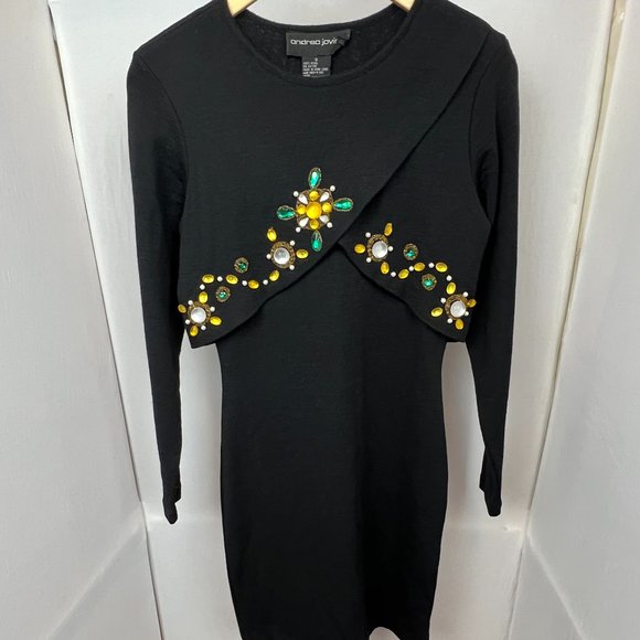 Vintage 90s Andrea Jovine Jeweled 100% Wool Black Sweater Dress - Picture 1 of 8
